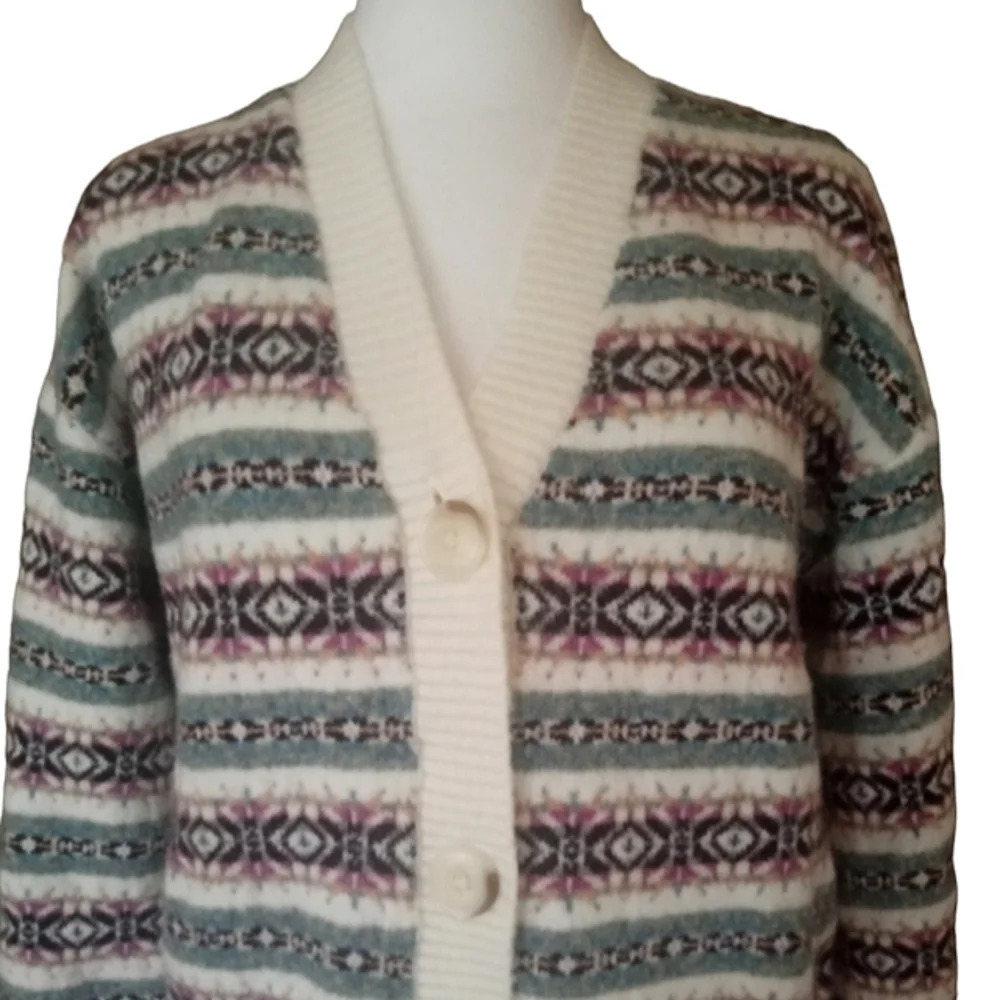 Ann Taylor Loft Wool Blend Nordic Fair Isle Button Front Cardigan Pink Sz Small - Picture 2 of 8